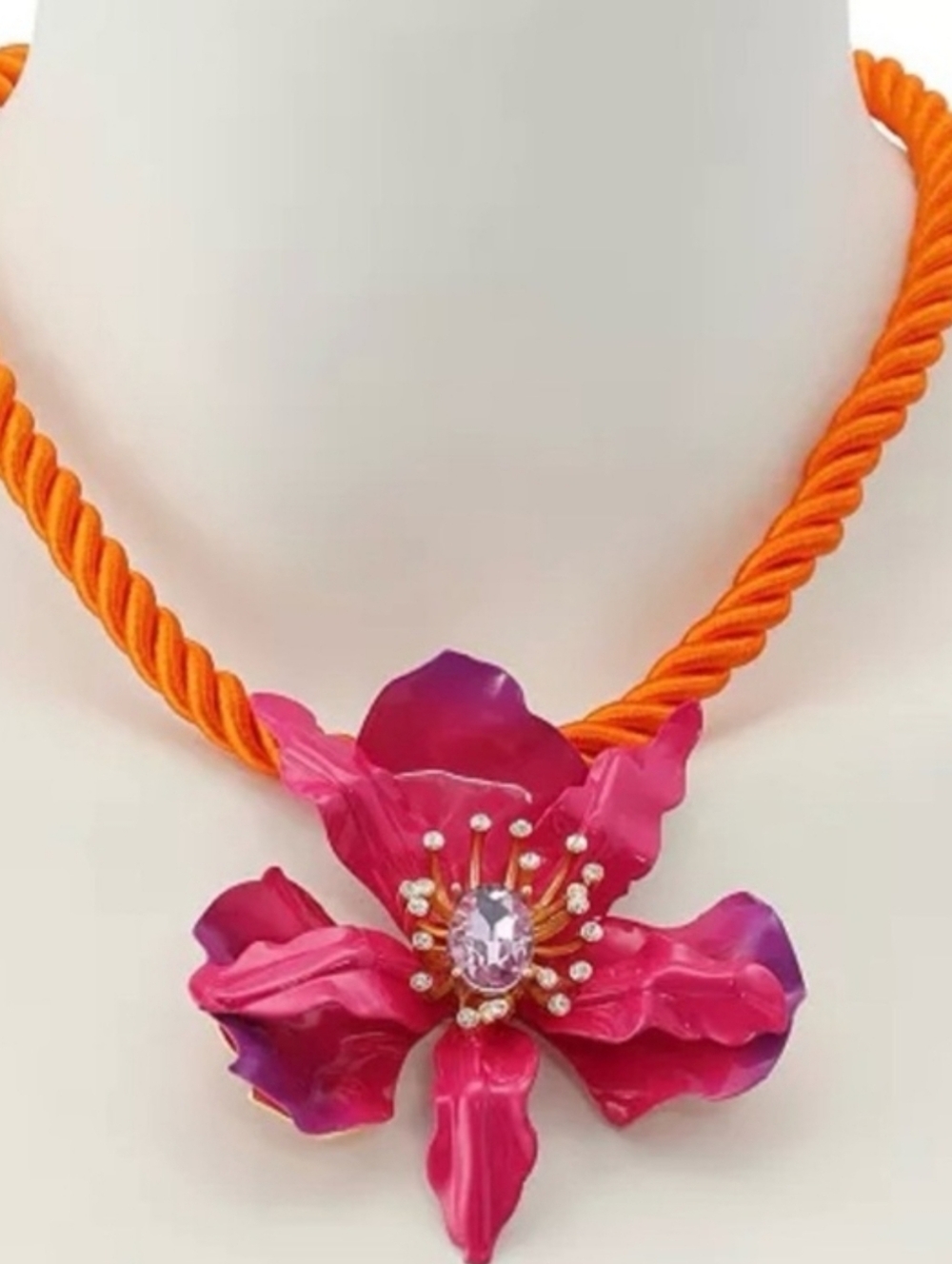 Betsey Johnson Pink Flower Statement Necklace with Orange Rope Bnwt HL
